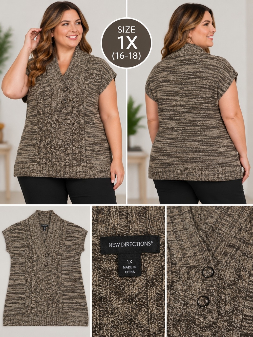 New directions Women's 1X brown sweater crowl vest #32